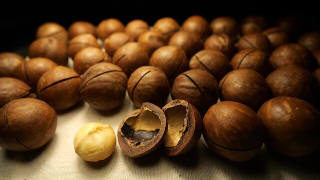 50p close up slider shot moving across premium macadamia nuts