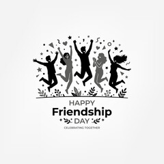 Obraz premium Happy friendship day celebration banner with silhouettes of joyful group of diverse friends jumping in air surrounded by festive confetti and floral decorations for social media event post.