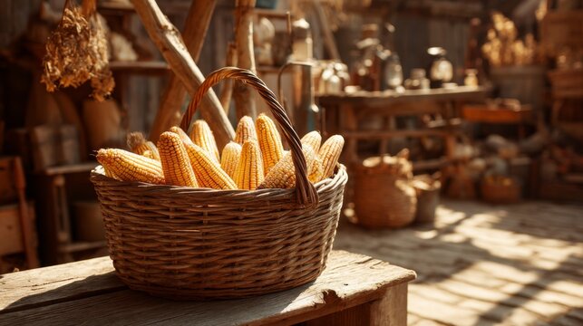 Rustic wicker basket filled with harvested corn cobs displayed in a vintage wooden setting with soft sunlight filtering through the background