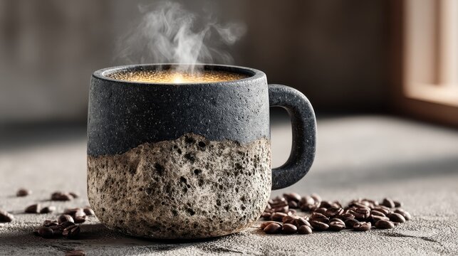 Warm mug of steaming coffee with textured ceramic design and scattered coffee beans on rustic stone surface in soft natural light