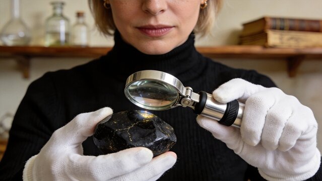 Woman inspecting black mineral stone with magnifying glass, geological research and gemology study, scientific examination of rocks, laboratory analysis of precious stones,