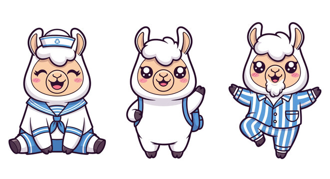 Cute Cartoon Llama Characters in Various Outfits.