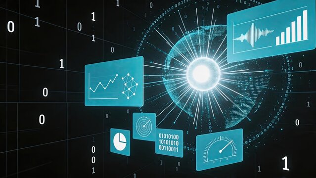 Futuristic binary code background with glowing earth sphere, floating data analysis widgets, sound wave and bar charts, big data processing visualization, cybersecurity and