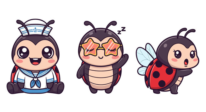 Cute Cartoon Bug Characters in Playful Outfits and Expressions.