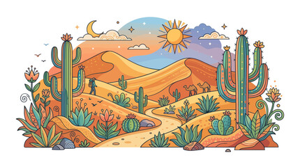 Vibrant desert landscape featuring hiker camels and saguaro cacti © ninis