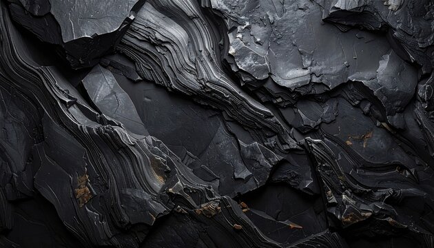 Jagged, dark gray rock formations feature textured layers and a raw, natural, and somewhat abstract appearance
