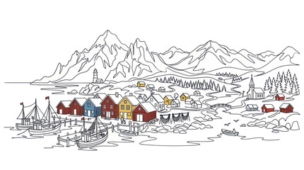 Nordic coastal village with colorful houses and mountain landscape © ninis