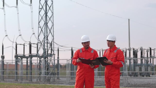 Aged Asian safety engineers checking clean electricity generator system outside windmill power farm. Professional utility personnel monitoring renewable sustainable green energy.