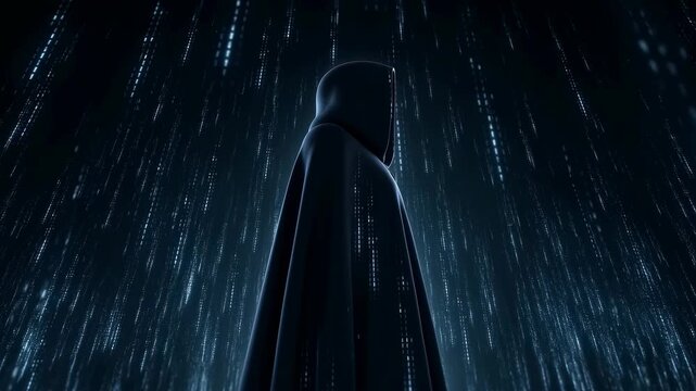 Mysterious cloaked figure standing in a digital rain of binary code. Represents the intersection of technology and anonymity in the digital age