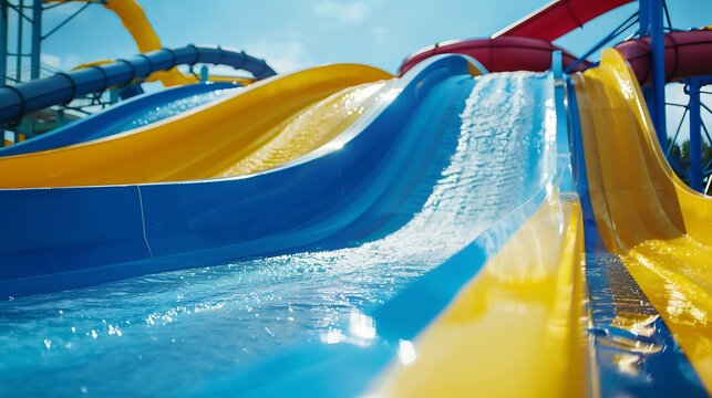 Colorful Yellow and Blue Water Slides at Summer Aqua Park