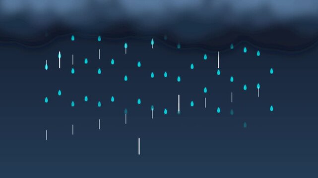 Stormy moody stylized rainfall graphic animation falling from layered geometric clouds over a dark atmospheric background