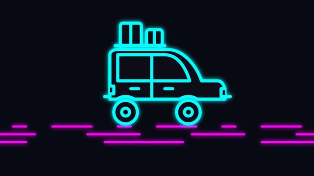 Cyberpunk neon dark mode animation of a glowing packed road trip car driving smoothly