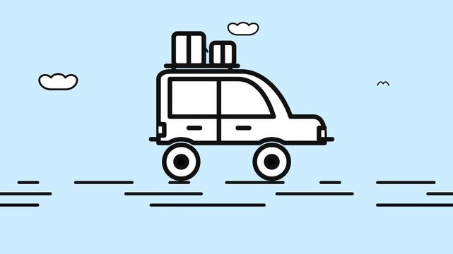 Cute pastel cartoon line art animation of a packed road trip car driving under animated clouds and flying birds