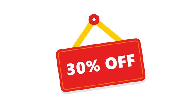 Animated flat design retail discount sign swinging from a peg displaying 30% OFF