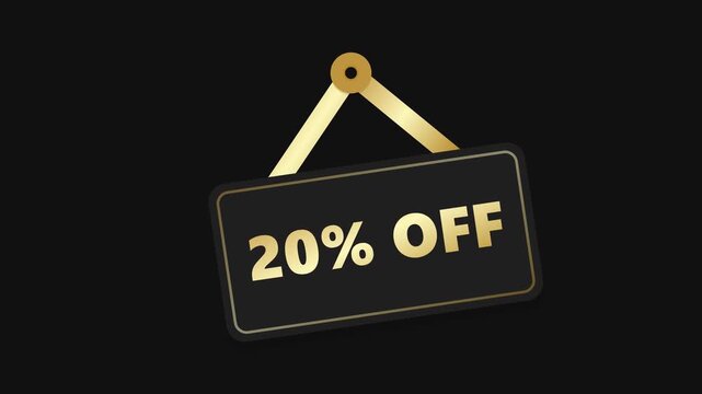 luxury gold themed animated flat design retail discount sign swinging from a peg displaying 20% OFF