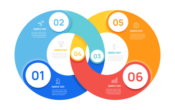 Venn diagram infographic chart template for business 6 steps presentation vector.