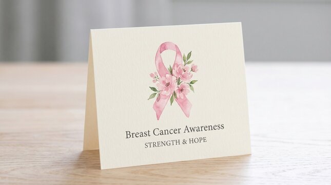 Breast cancer awareness card with pink ribbon and flowers