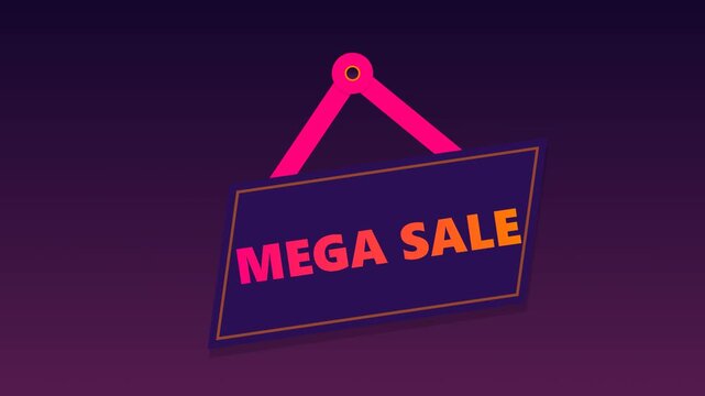 Retro synthwave cyberpunk animated flat design retail dynamic parallelogram discount sign swinging from a peg displaying MEGA SALE with confetti explosions