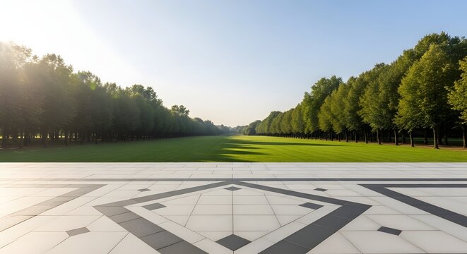 Marble terrace overlooking a green park layout. Luxury outdoor public space design. Sunburst shining through rows of parallel symmetrical trees.