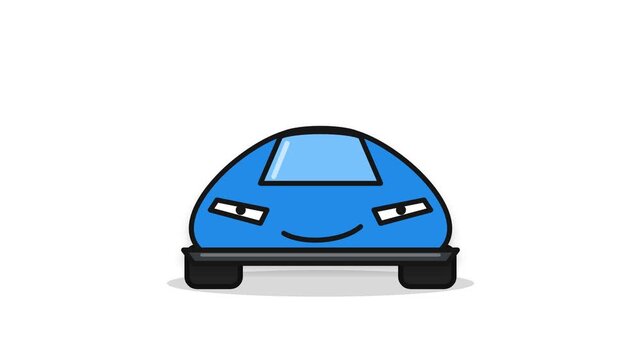 Seamless looping animation of a cool blue sports car character revving engine with a confident smirk, on a dark night background