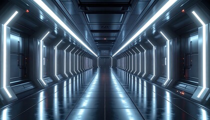 Obraz premium Infinite futuristic dark metallic corridor, glowing blue-white lights