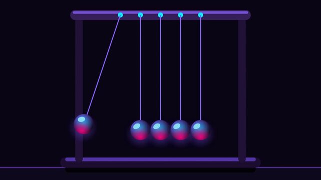 Seamless looping animation of a dark cosmic crystal Newton's cradle with deep purple and cyan neon pendulums swinging, physics toy, isolated on deep space background