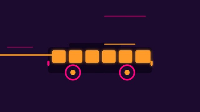 Seamless looping animation of a retro synthwave transit bus traveling at high speed with neon glowing streaks isolated on dark background, 80s outrun style