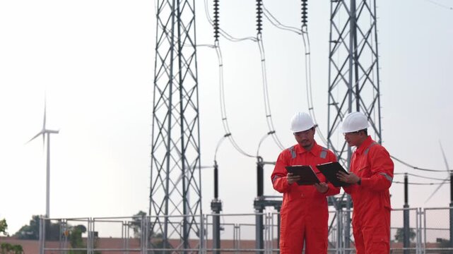 Technical Asian industry professionals checking corporate windmill grid infrastructure layout. Professional helmet workers operating alternative clean energy generator outdoor.
