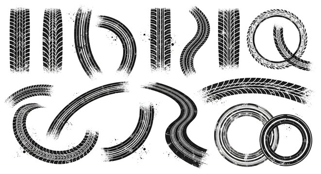 Collection of black tire tread textures. Automotive design graphic elements. Various wheel marks and circular tracks isolated on a clean white backdrop.
