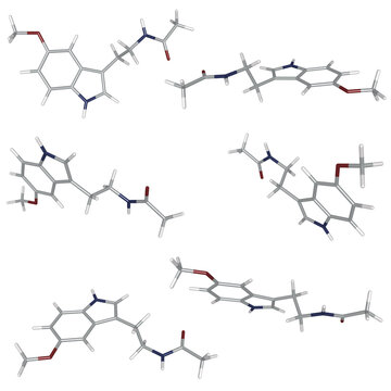 3D Rendered Molecular Structures of Melatonin Compounds, Indole and Acetamide Moieties for Scientific Research, Pharmacology, Biological Studies, Drug design, Pharmaceutical, neurochemistry, health