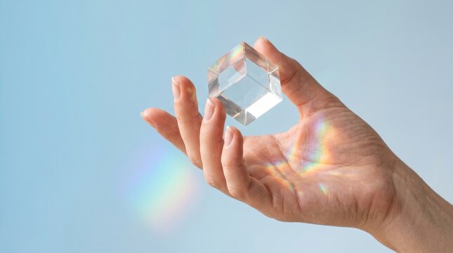 Hand holding clear glass prism cube casting vibrant rainbow light refractions on soft blue background