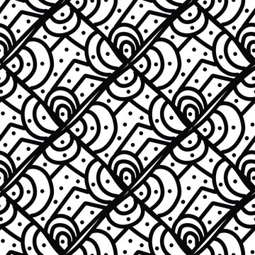 Hand-drawn line and curve doodle seamless pattern on a white background.