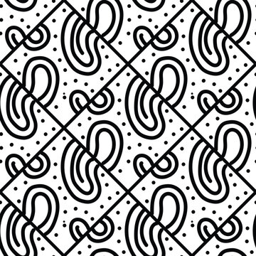 Hand-drawn black and white line and curve doodle seamless pattern on a white background.