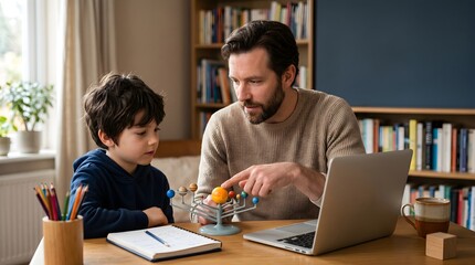 Fototapeta premium Father and son engrossed in learning about the solar system at home, using a laptop and a model, with a cozy bookshelf-lined room providing an educational atmosphere for their study