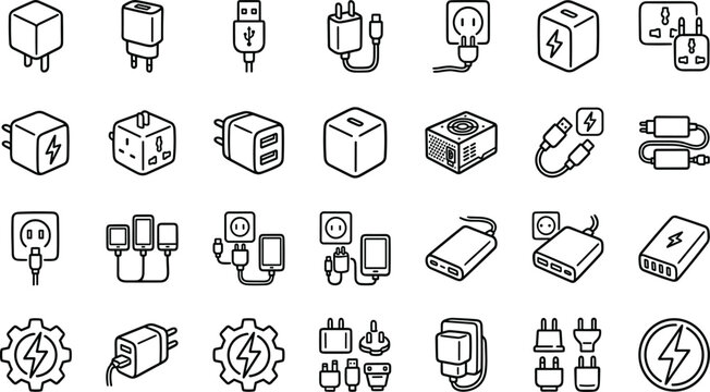 Power Adapter and Charger Icon Set Featuring Charging Bricks Wall Outlets Cables Power Banks and International Converters for Technology Marketing Vector Illustration