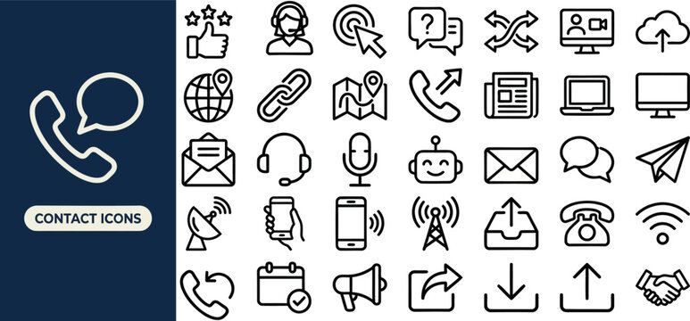 Telecommunication and Address Book outline icon set. Featuring satellite, antenna, sim card, megaphone, and globe symbols. Editable stroke vector icons for mobile network and connectivity service.