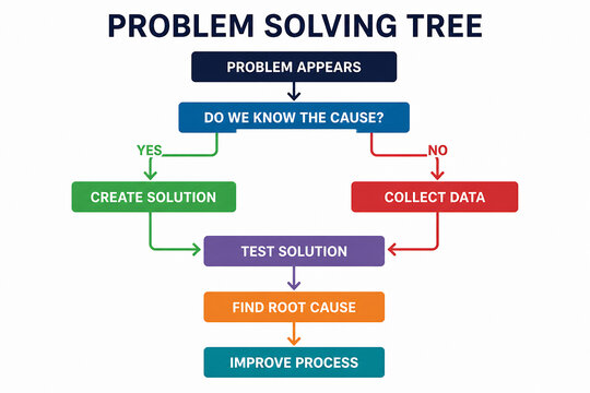 A flowchart illustrating a problem-solving tree process with decision points and sequential steps.