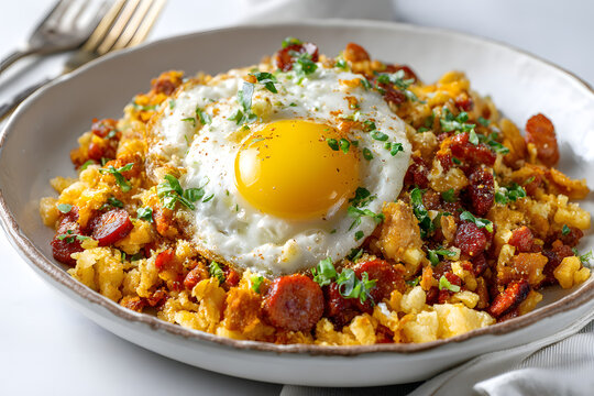 Delicious Spanish Migas Manchegas with Fried Egg and Chorizo, Perfectly Plated for a Full View