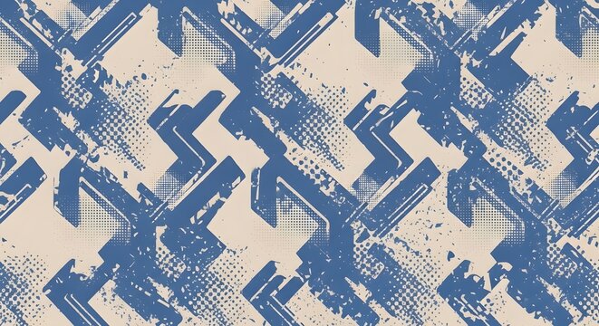 Seamless geometric pattern with blue chevron and arrow shapes. Modern grunge textile design. Distressed halftone graphics creating an industrial wallpaper.