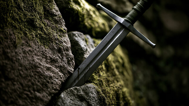 longsword. A medieval longsword thrust into a crack in mossy stone. event programs, museum guides, designed for cultural heritage projects and event programs, supports education.
