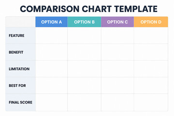 Obraz premium A comparison chart template with columns for Option A, B, C, and D and rows for Feature, Benefit, Limitation, Best For, and Final Score is displayed.