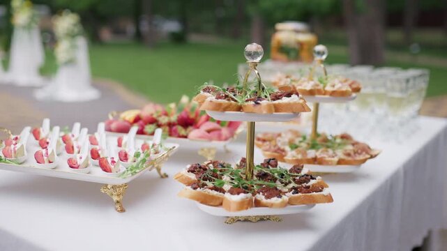 Elegant catering buffet table with gourmet appetizers and drinks outdoors, steadicam shot
