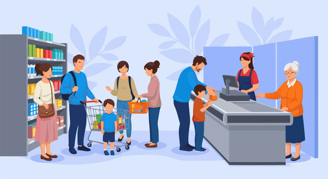 People Shopping in a Supermarket Vector Illustration Featuring Families and Customers at Checkout Counter for Retail Store Concept 55