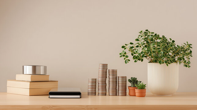 Four stacks of coins on light wood table with books, device and succulents in warm-lit minimalist still life
