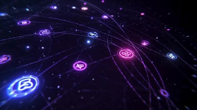 A futuristic network video (25).mp4 of colorful cryptocurrency symbols and lines connecting on a dark background