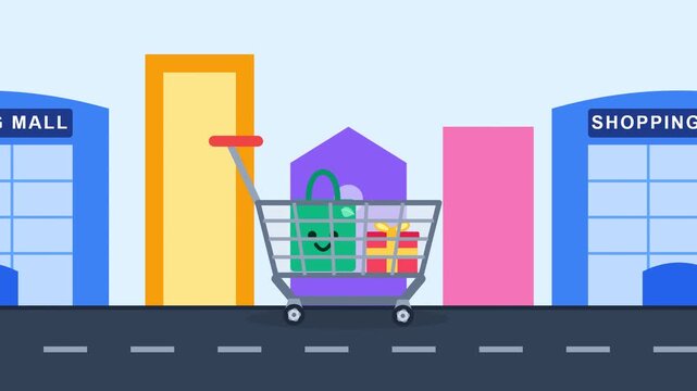 Animated shopping mall cityscape with scrolling trolley cart and mint leaf decorations on light blue sky background