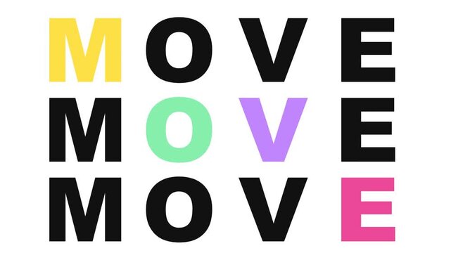 Kinetic typography grid of three MOVE text rows swaying and skewing with colored accent letters on white background