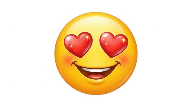 Smiling heart eyes emoji with red hearts, yellow happy face emoticon for love and romance, cheerful 3D style expression icon isolated on Transparent Background