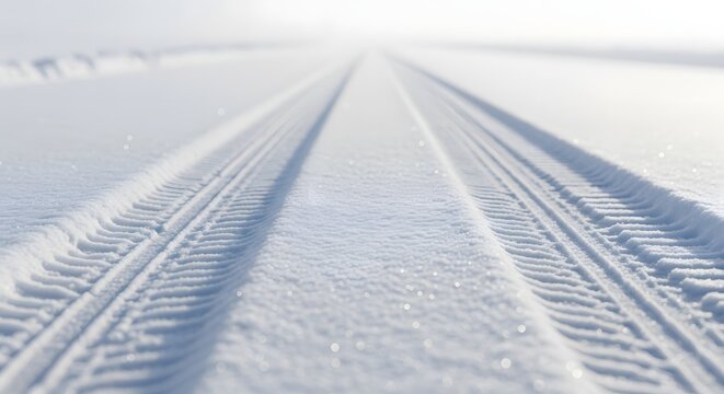 Close up of parallel tire tracks deeply imprinted in fresh white snow. Extreme winter weather driving conditions. Car wheels creating grooved patterns on a frozen road.