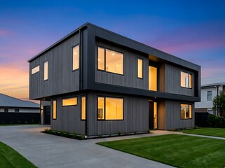 Fototapeta premium Modern two-story residential house with dark grey metal siding exterior at twilight real estate residential architecture twilight exterior building property contemporary lighting structure